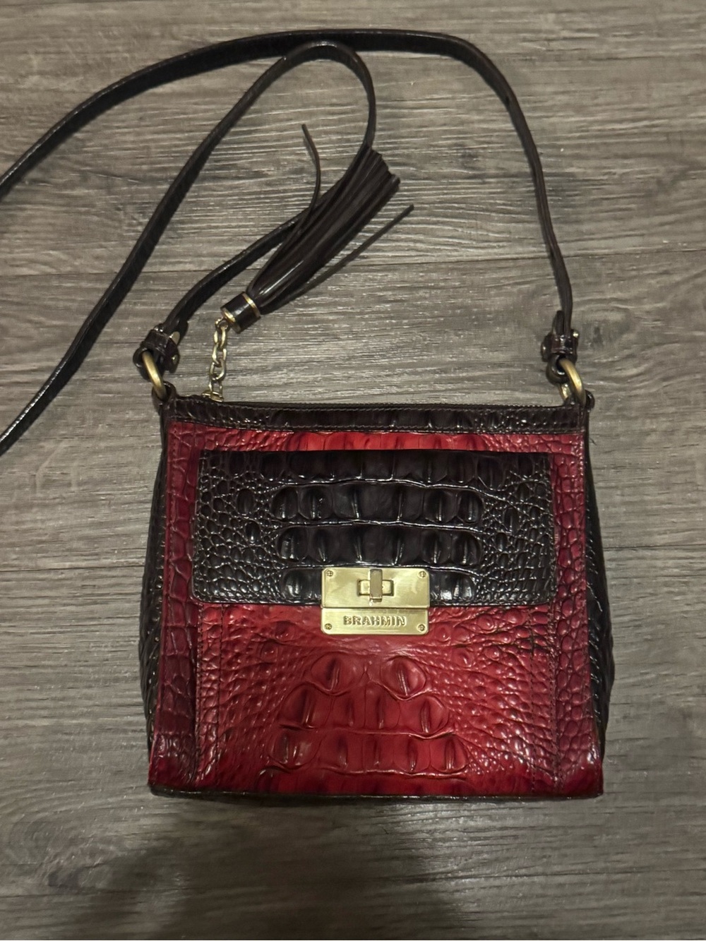 Brahmin Red and Dark Brown Croc-Embossed Leather Crossbody with Tassel